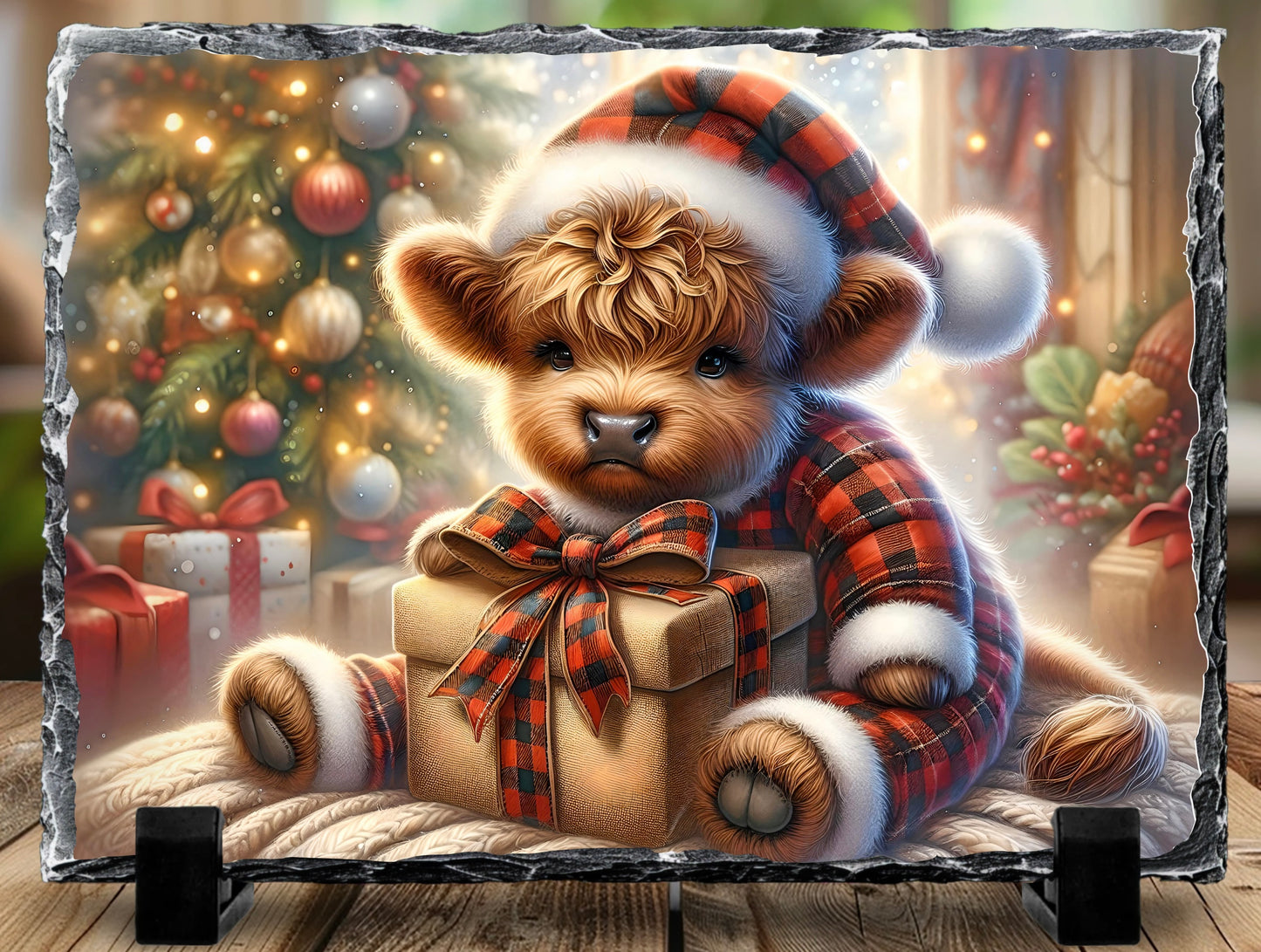 5.5” x 7.5” Natural Slate Photo Frame with Highland Cow - Perfect Holiday Decor