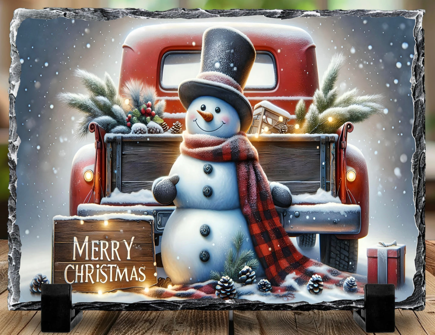 Rustic Snowman & Red Truck 5.5” x 7.5” Natural Slate Display - Holiday Decor Essential