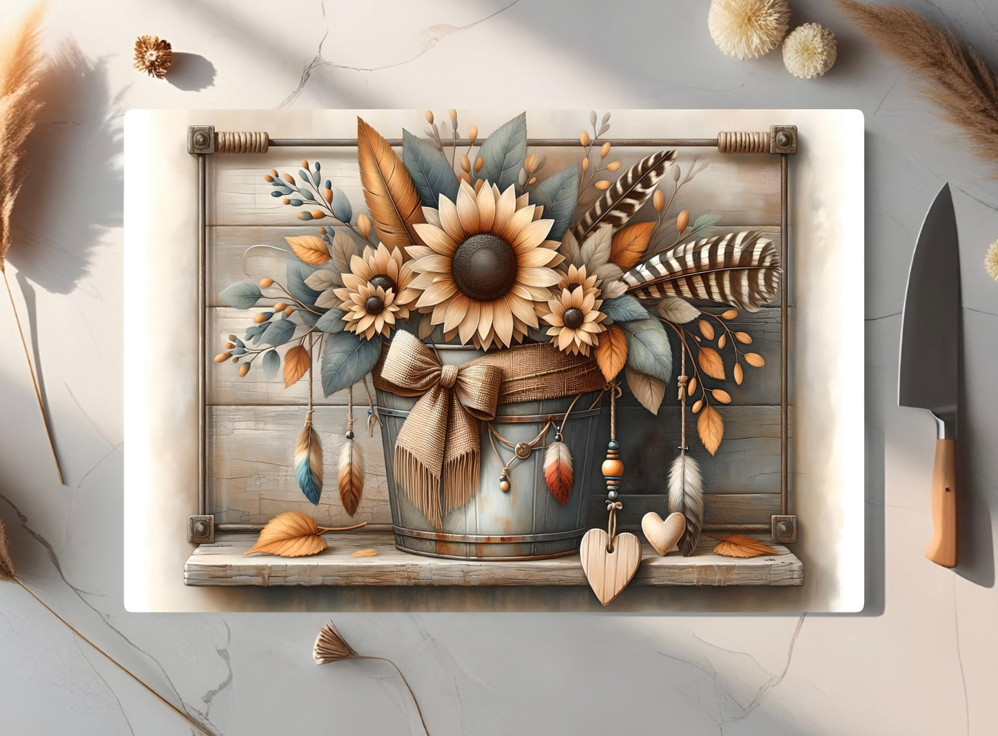 Rustic Sunflower Tempered Glass Cutting Board – Decorative Kitchen & Serving Tray (2 Sizes)