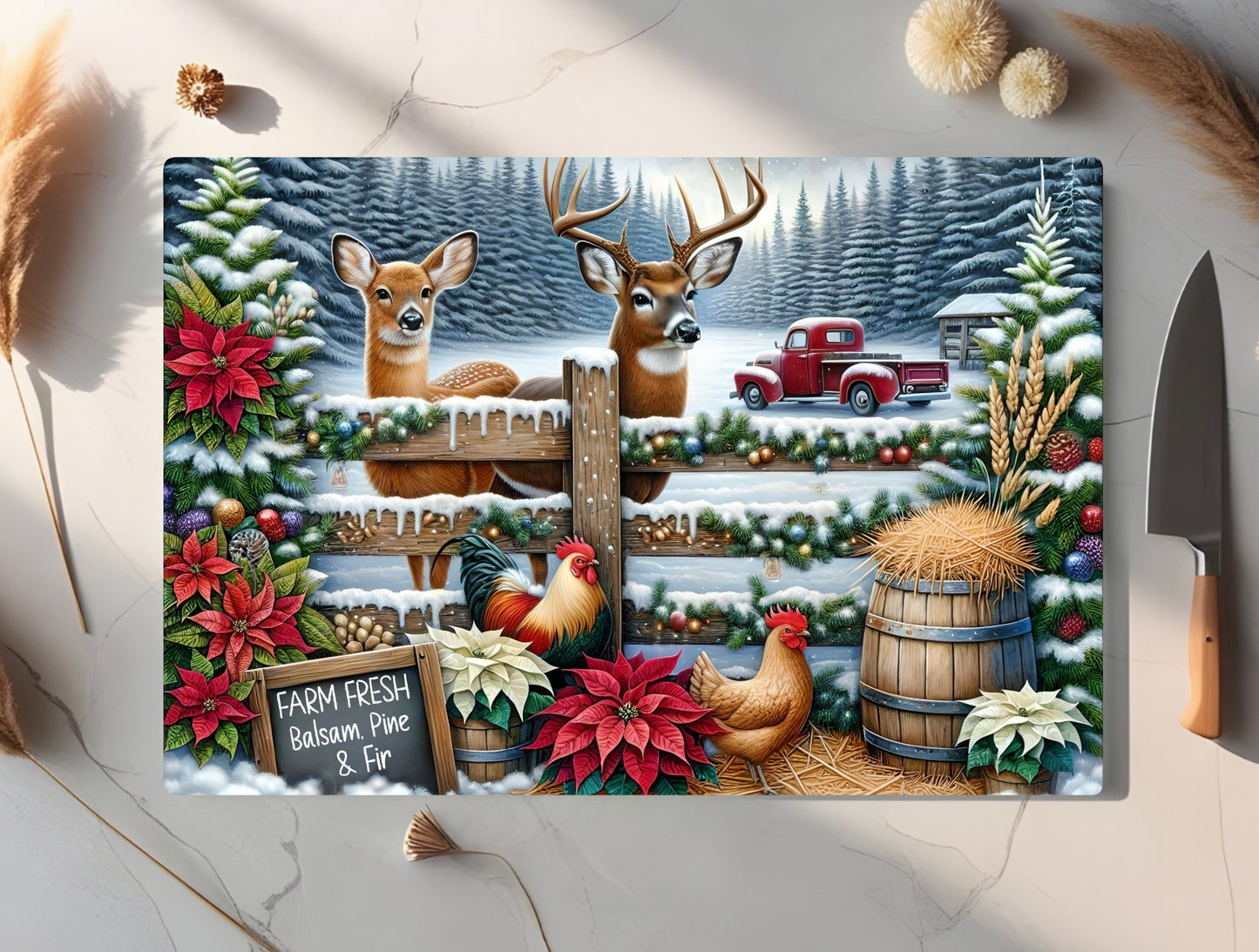 Christmas Farmhouse Tempered Glass Cutting Board, 2 Sizes Small (11” x 8”) and Large (15” x 11”), Hand Wash Only, Charcuterie Board