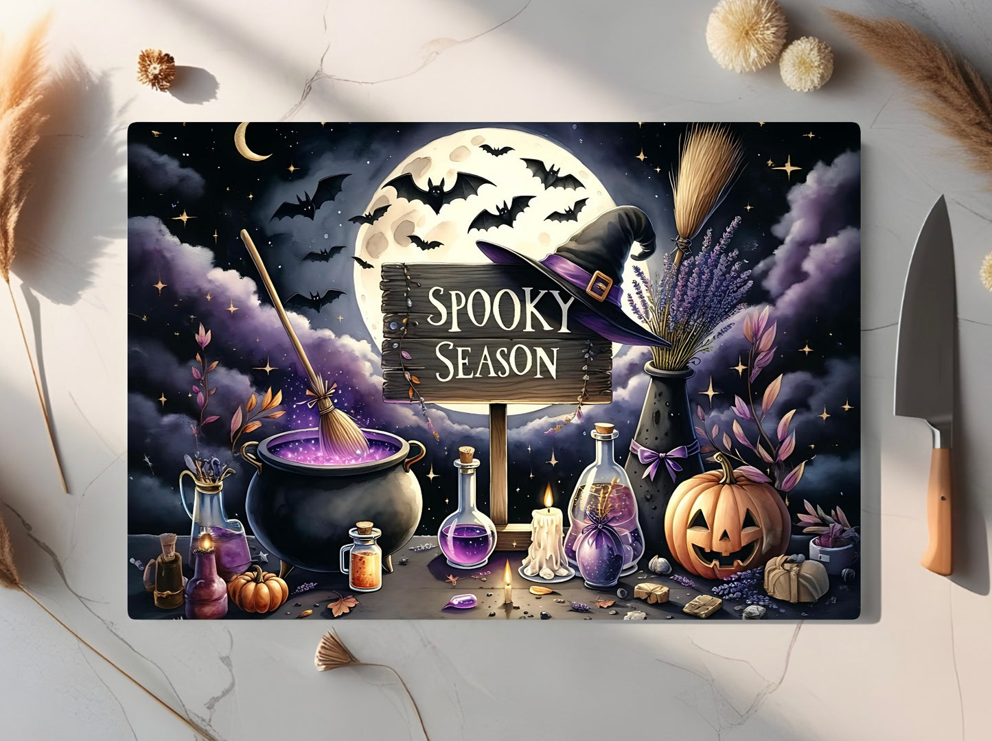 Spooky Season Tempered Glass Cutting Board – Halloween-Themed Dual-Size Kitchen Decor
