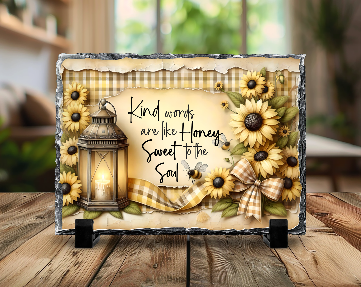 Decorative Slate Rock Sign with Sunflowers and Inspirational Quote, Kind Words Are Like Honey Sweet to the Soul, 5.5" x 7.5", Natural Slate with Display Stands