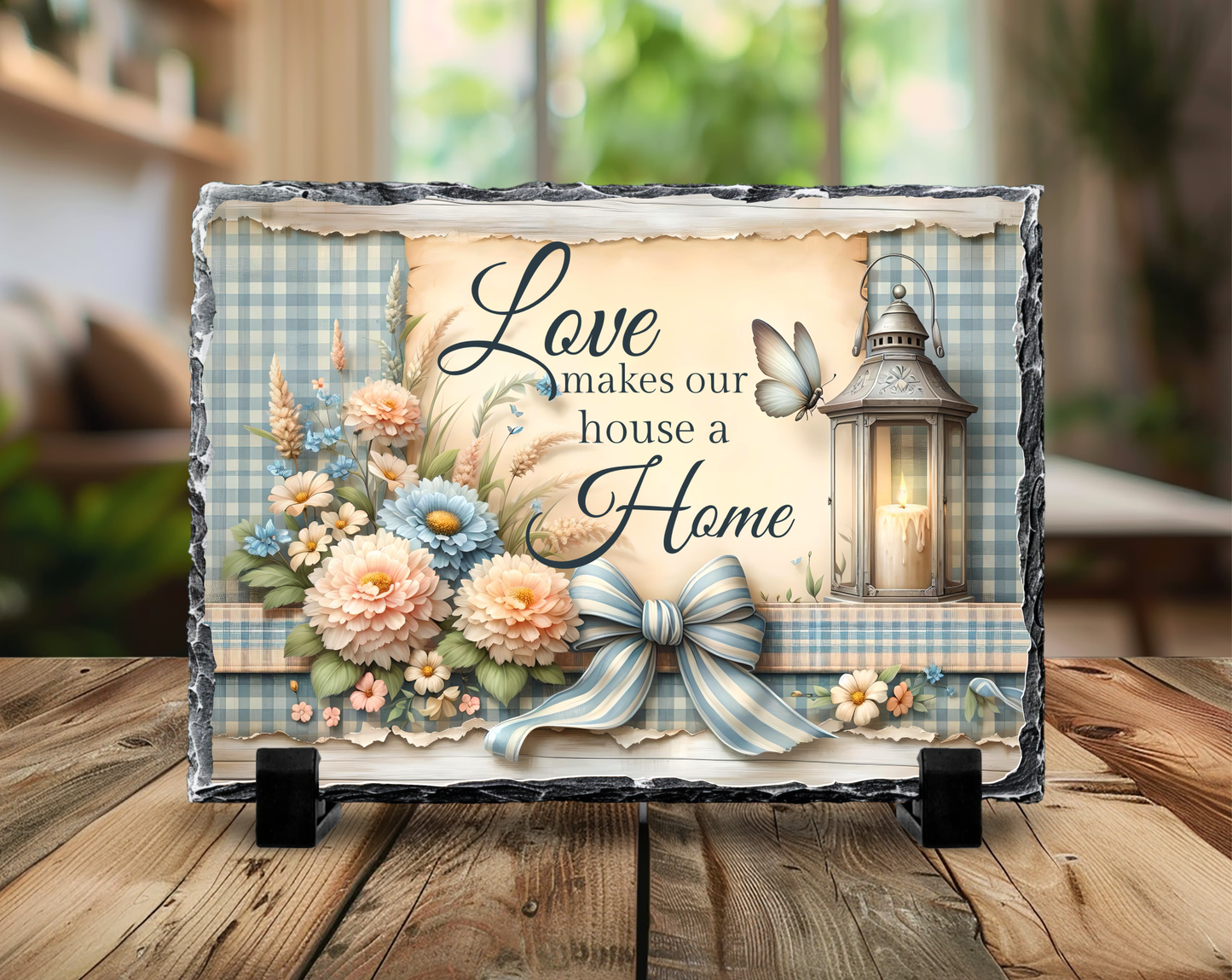 Love Makes Our House a Home Decorative Slate Rock Sign with Display Stand, Natural Slate, 5.5" x 7.5", Floral Lantern Design, Home Decor Gift