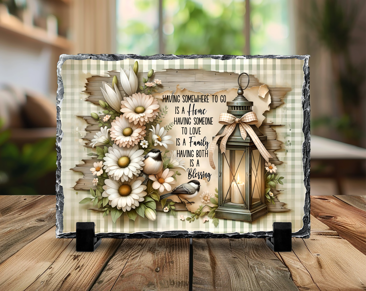 Decorative Slate Rock Sign with Display Stands, Home Blessing Quote with Lantern and Flowers Design, 5.5" x 7.5", Natural Slate