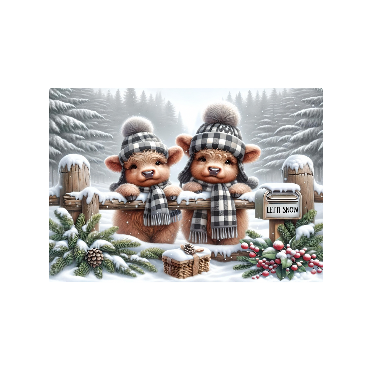 Highland Cows Winter Scene Glass Cutting Board - “Let It Snow” Design