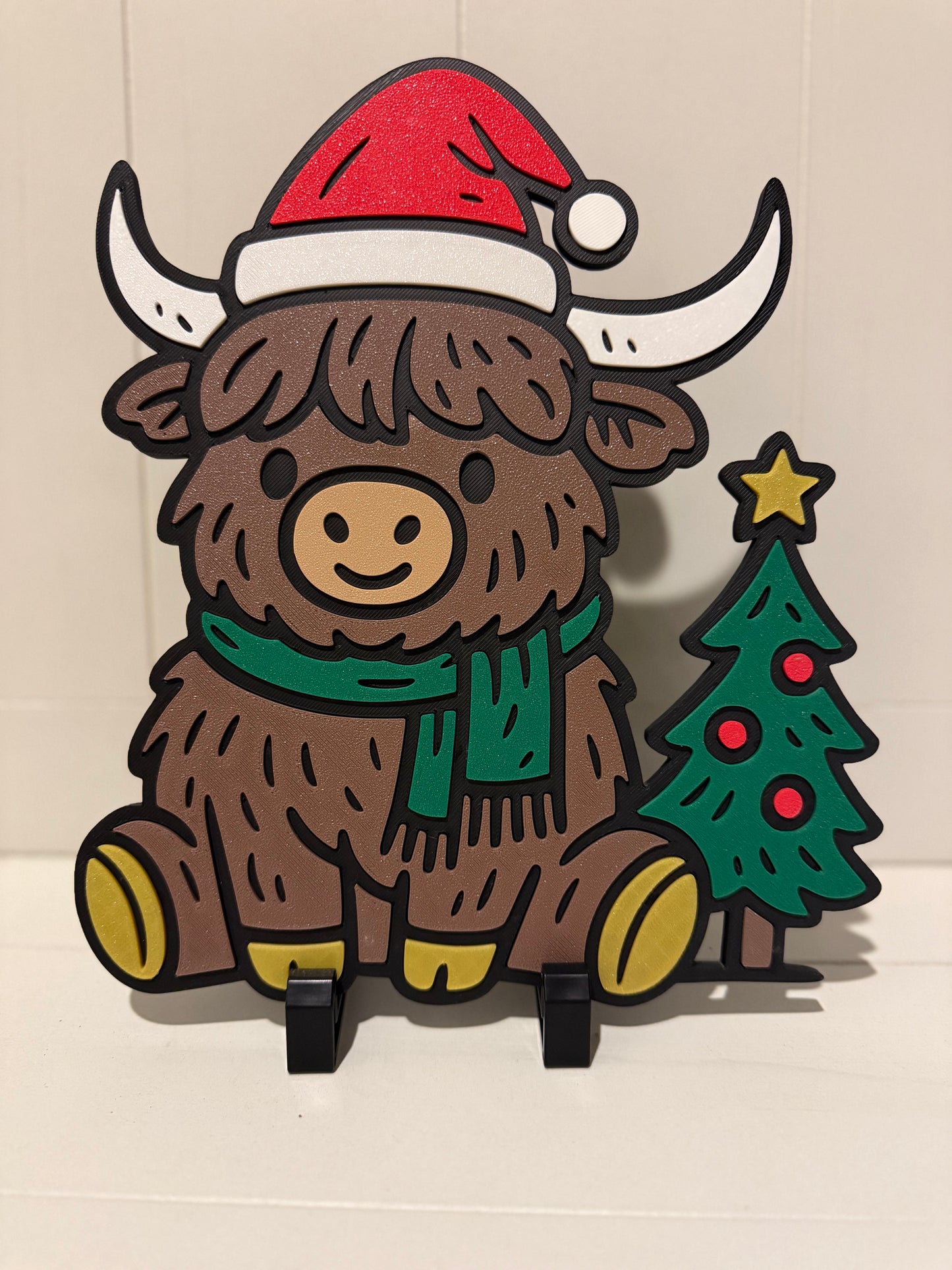 Festive Highland Cow Christmas Decoration - 8" x 9.5" | Wall & Stand Display