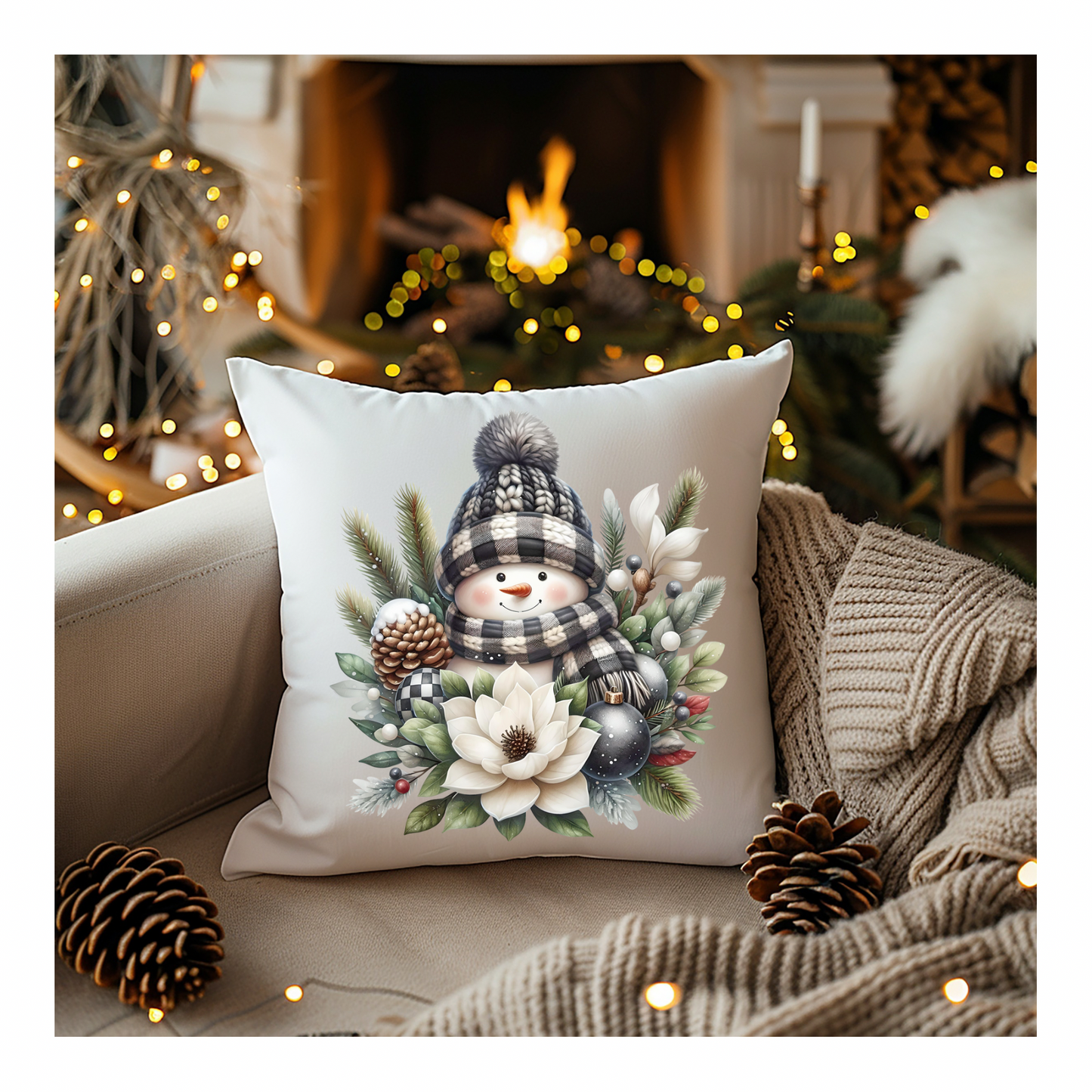 Farmhouse Snowman Throw Pillow Cover 18” x 18” Festive Home Decoer