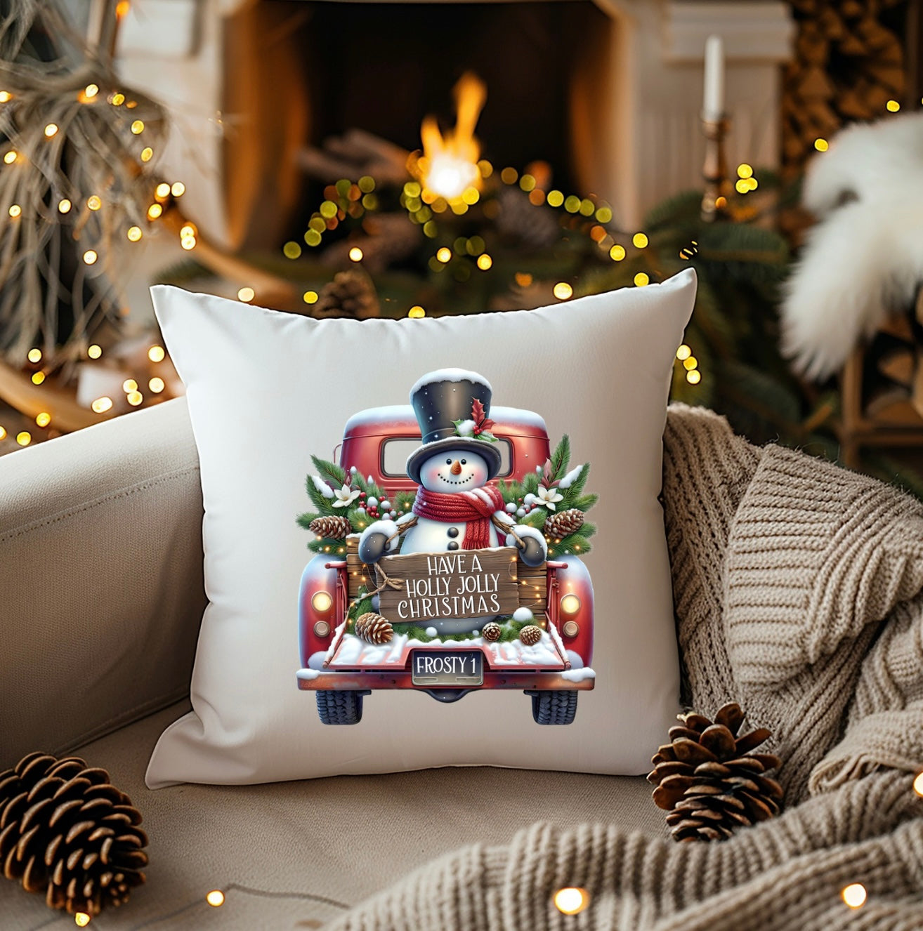 Festive Snowman & Red Truck 18” x 18” Pillow Cover - Perfect Holiday Decor Accent