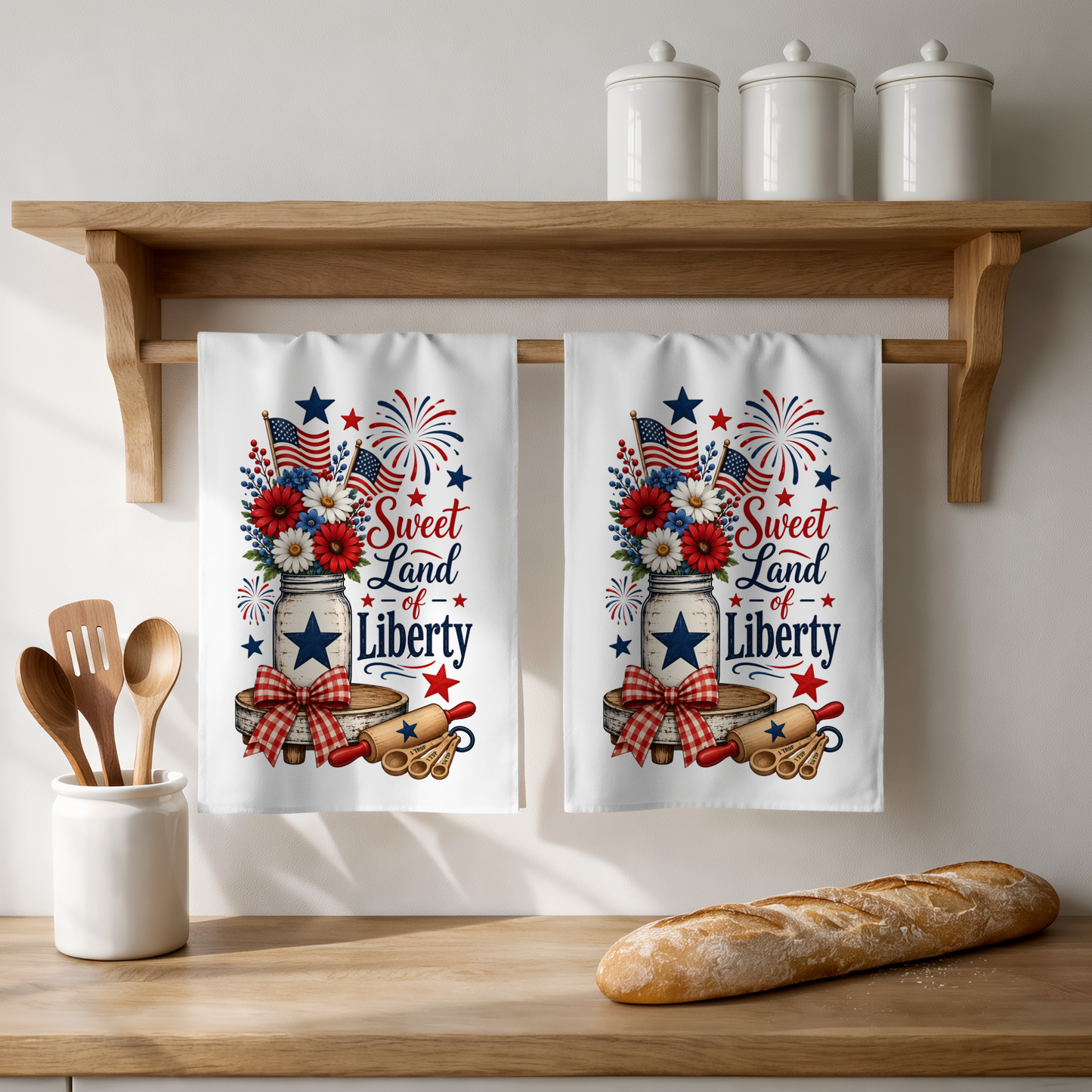 Sweet Land of Liberty Patriotic Kitchen Tea Towel, White, 100% Polyester, 18x28 Inch, 4th of July Dish Towel