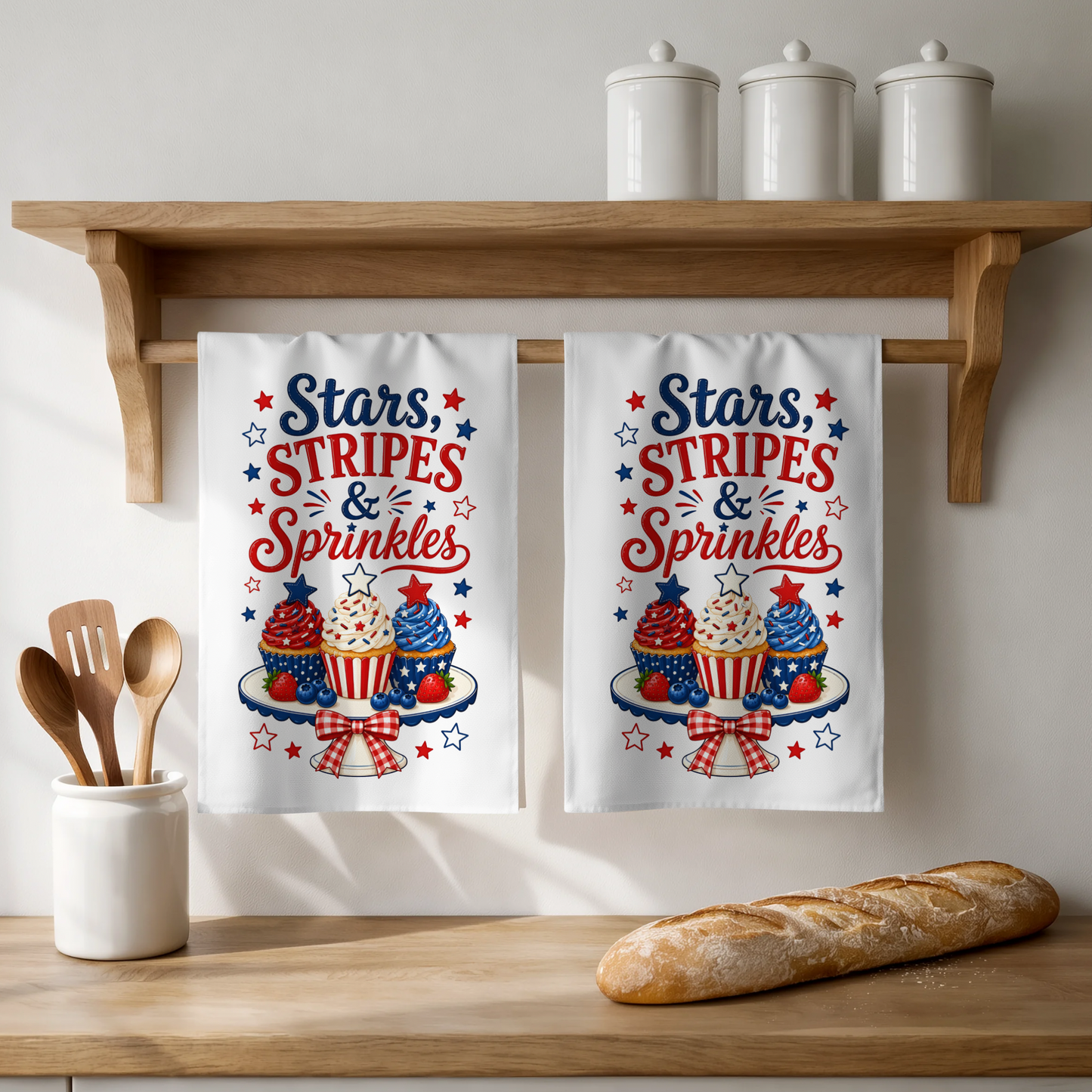 Stars, Stripes and Sprinkles Patriotic Kitchen Tea Towel, White, 100% Polyester, 18x28 Inch