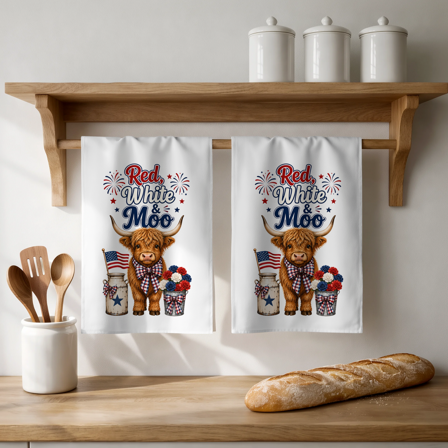 Red, White & Moo Highland Cow Patriotic Kitchen Dish Towel, 4th of July Theme, 18x28 Inch, 100% Polyester