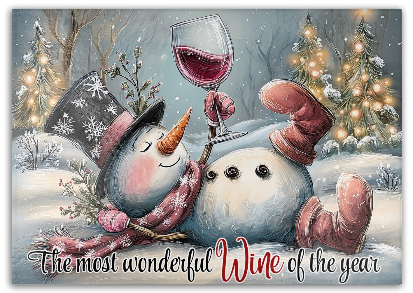 Festive Snowman Tempered Glass Cutting Board - “The Most Wonderful Wine of the Year”