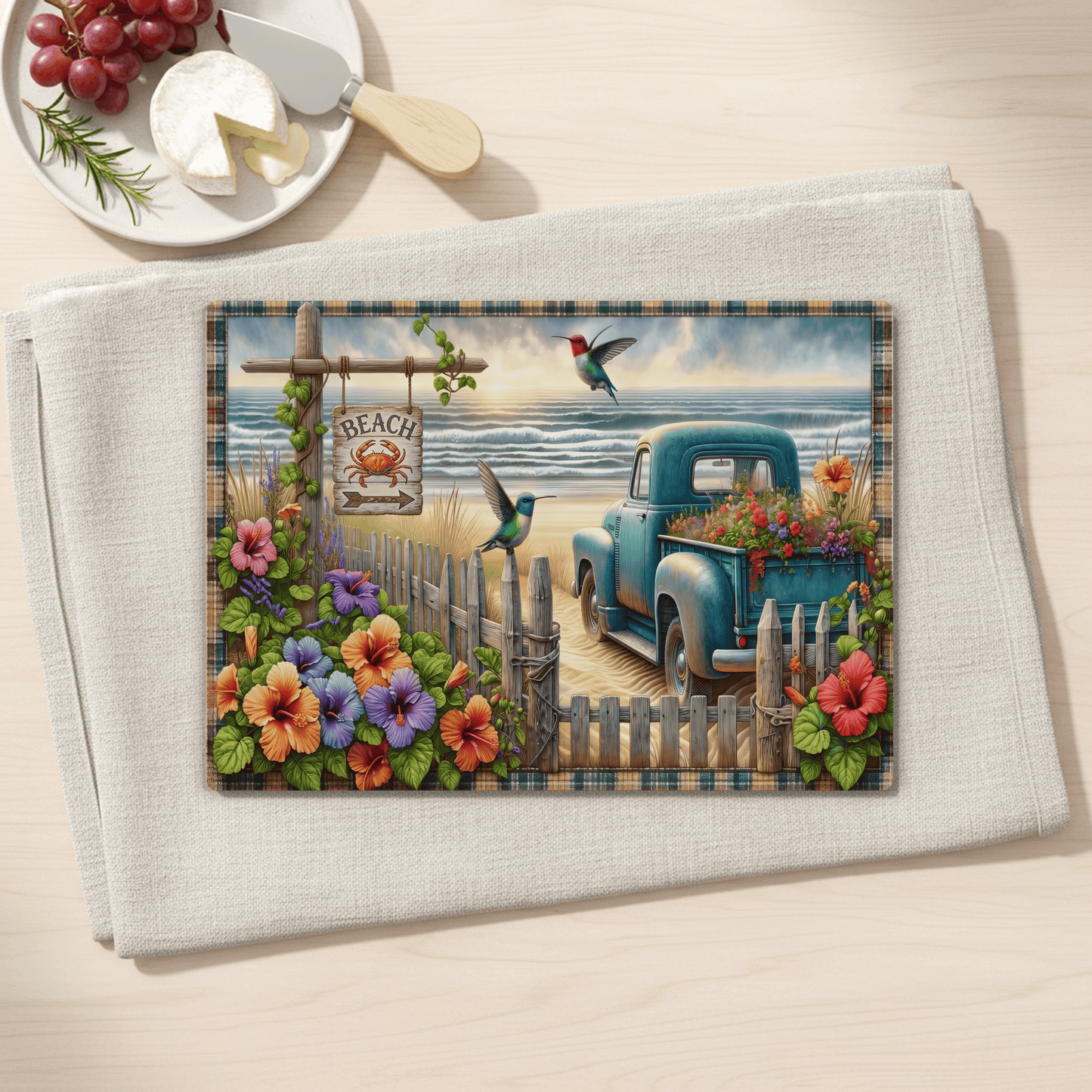 Beach Hummingbird Floral Truck Design, Tempered Glass Cutting Board, 2 Sizes, Serving Tray, Charcuterie Board, Kitchen Decor