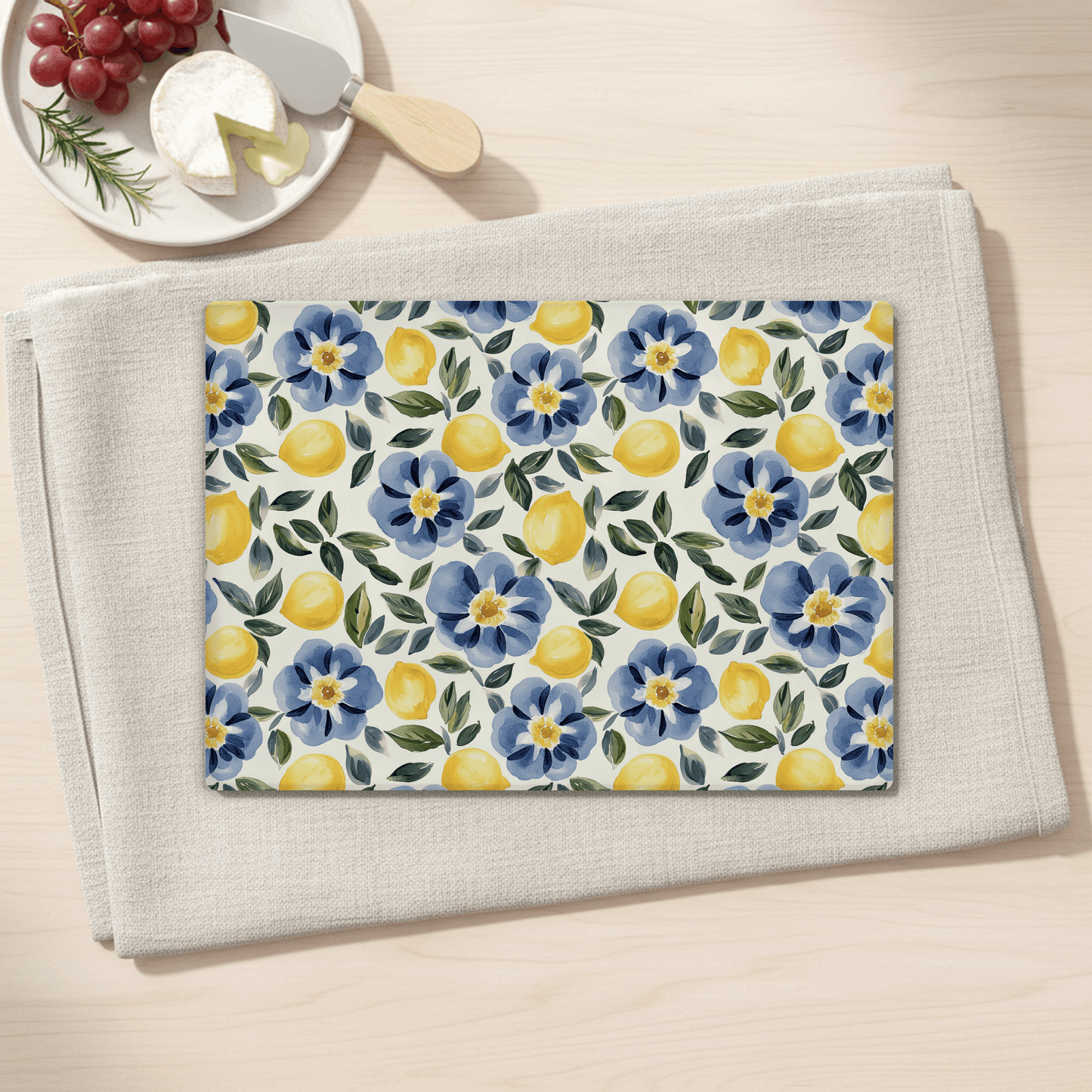 Glass Cutting Board Lemon Floral 15 x 11 in, Charcuterie Board
