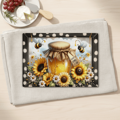 Tempered Glass Cutting Board with Honey Jar and Sunflower Design, 2 Sizes, Kitchen Decor Serving Tray and Charcuterie Board