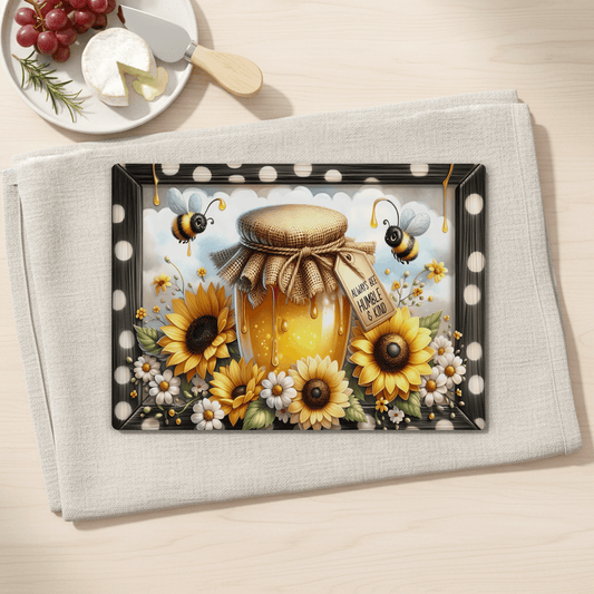 Tempered Glass Cutting Board with Honey Jar and Sunflower Design, 2 Sizes, Kitchen Decor Serving Tray and Charcuterie Board