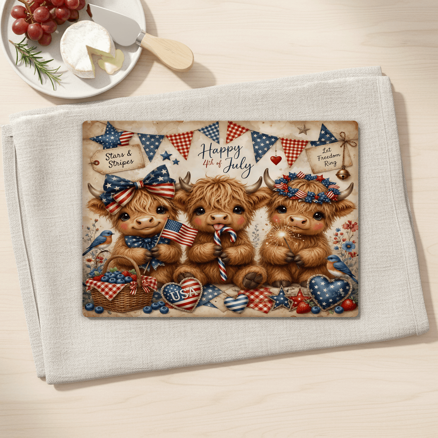 4th of July Highland Cow Tempered Glass Cutting Board, Kitchen Decor, Serving Tray, 2 Sizes