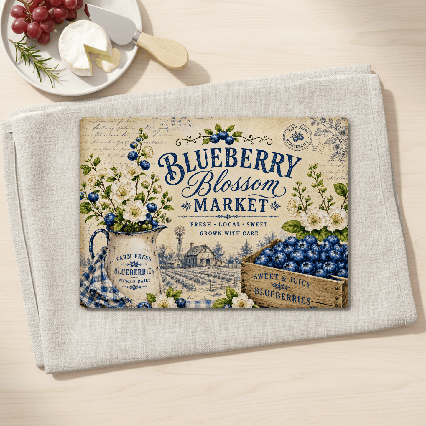 Blueberry Blossom Market Tempered Glass Cutting Board 15x11 in