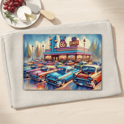 Route 66 Diner Tempered Glass Cutting Board, Retro Classic Cars Theme, Kitchen Decor, Serving Tray, 2 Sizes