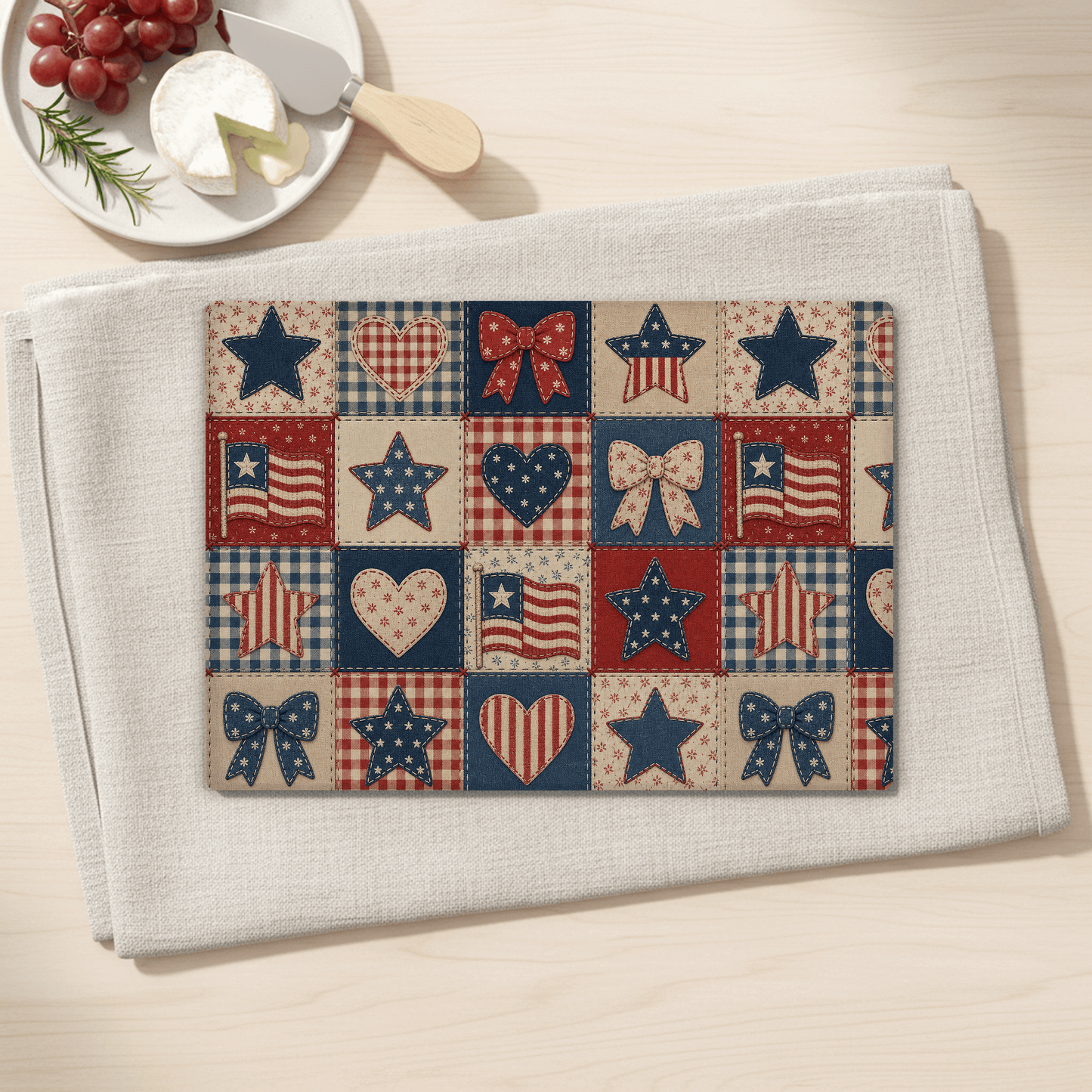 Patriotic Patchwork Tempered Glass Cutting Board, American Flag Stars Hearts Design, Kitchen Decor, Serving Tray, 2 Sizes