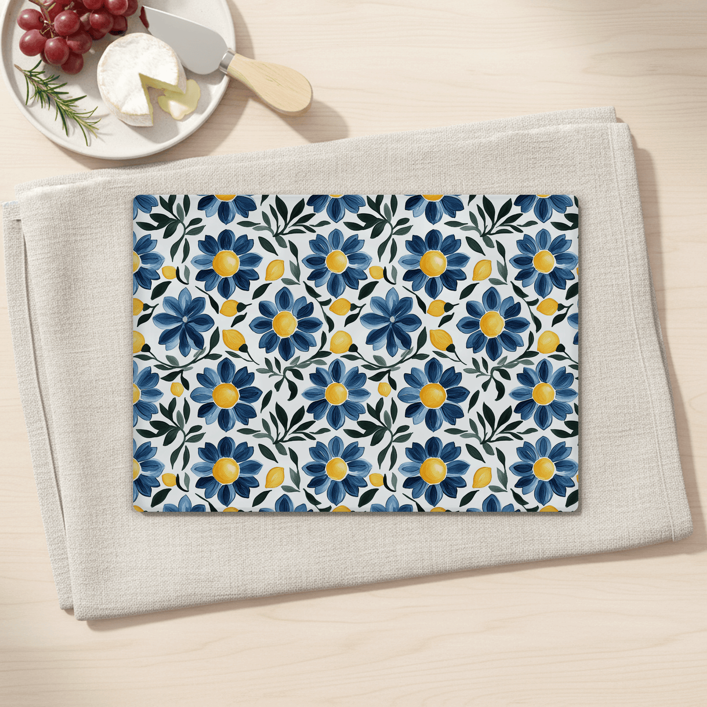 Blue Floral and Lemon Tempered Glass Cutting Board 15 x 11 in
