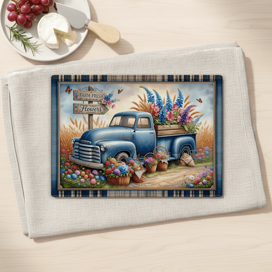 Farm Fresh Flowers Vintage Blue Truck Tempered Glass Cutting Board, 2 Sizes, Serving Tray, Charcuterie Board, Kitchen Decor