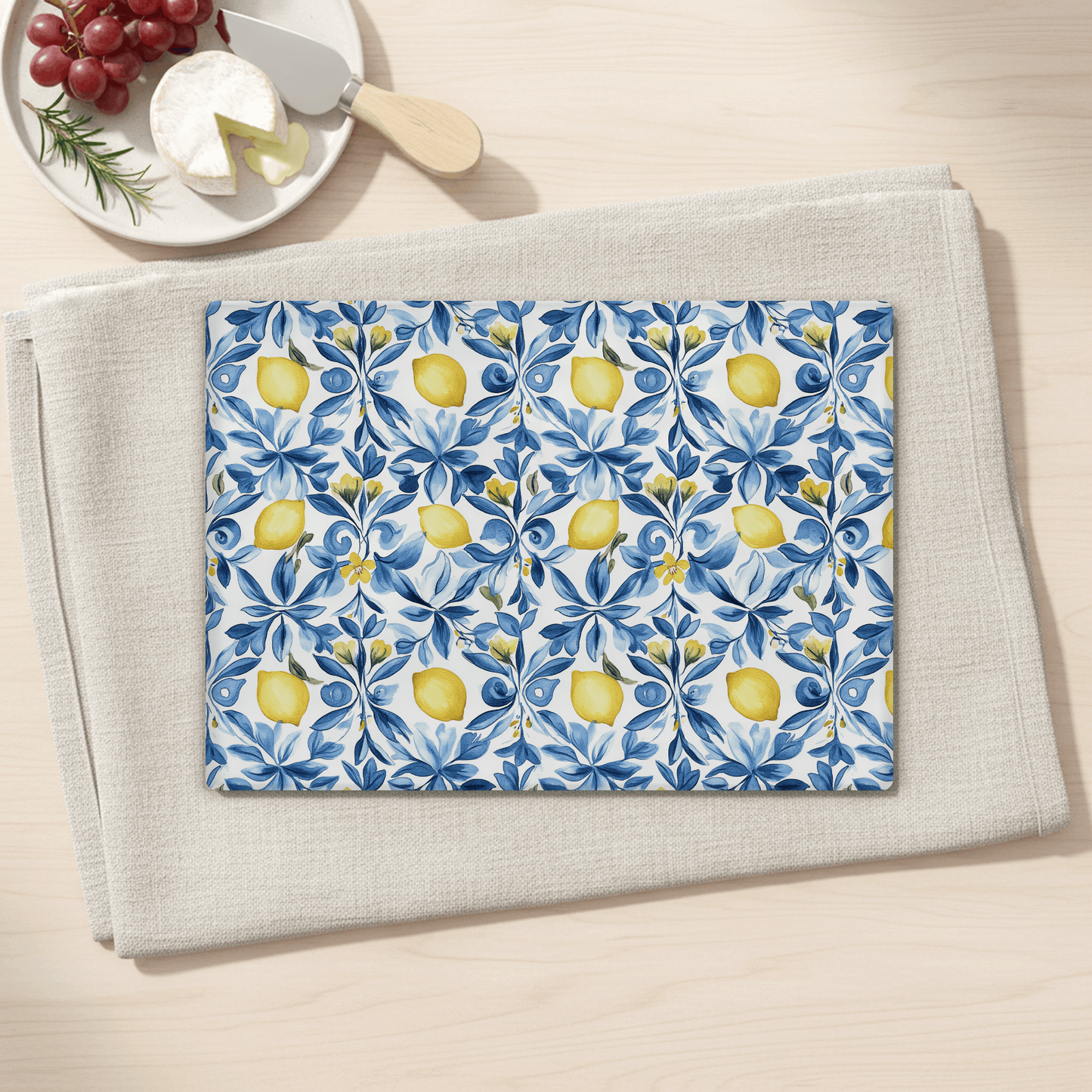 Lemon Blue Floral Tempered Glass Cutting Board 15 x 11 in