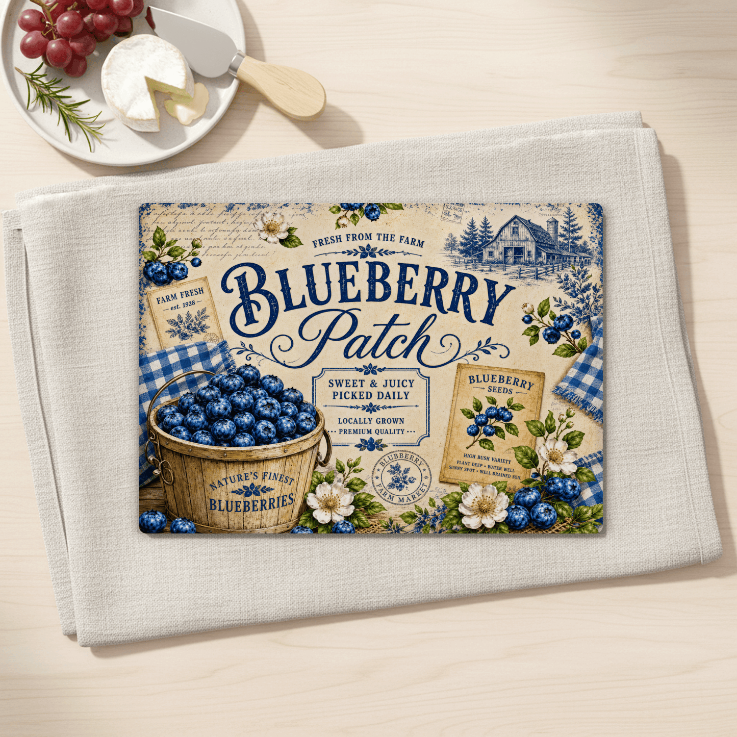 Blueberry Patch Tempered Glass Cutting Board 15" x 11"