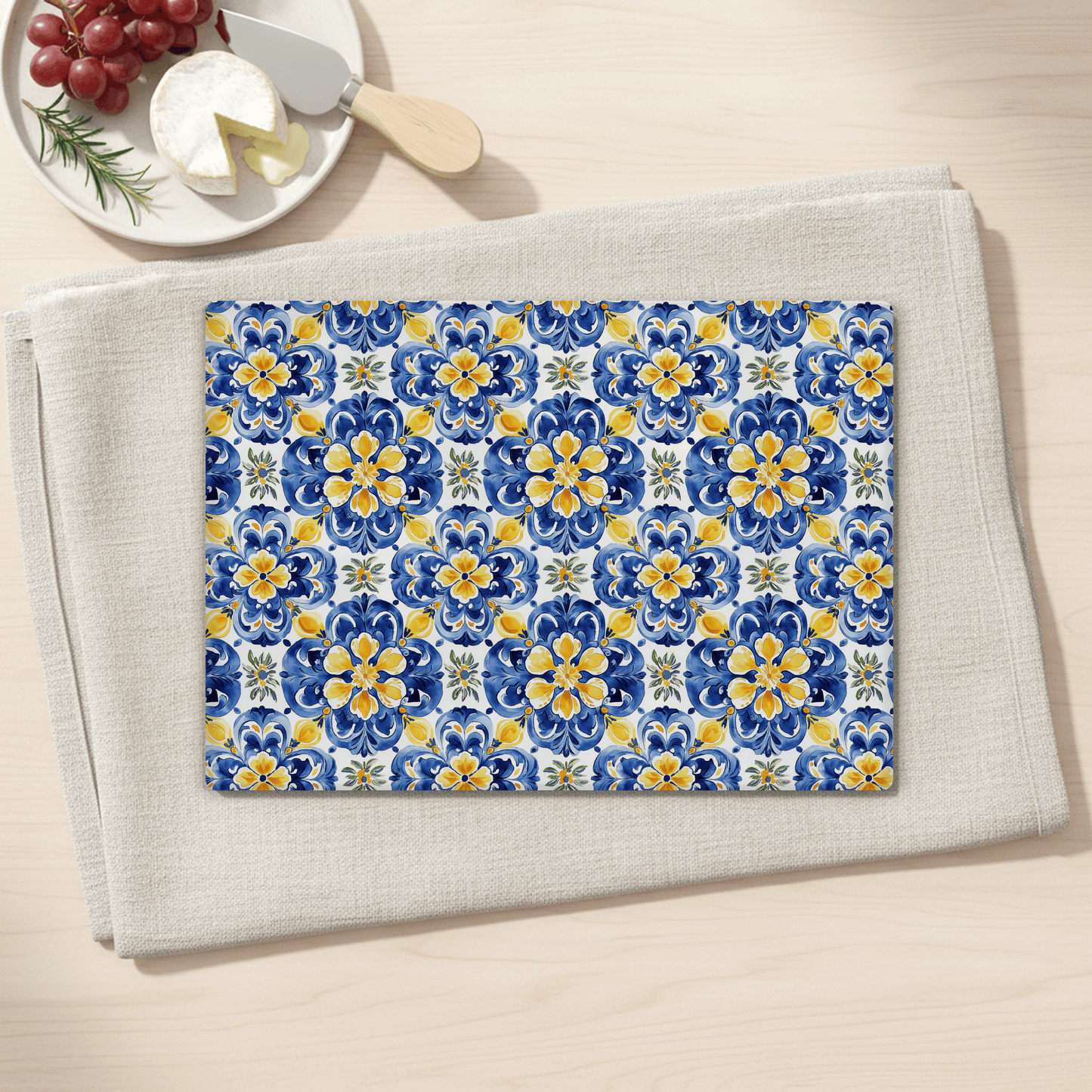 Mediterranean Tile Tempered Glass Cutting Board 15x11 in