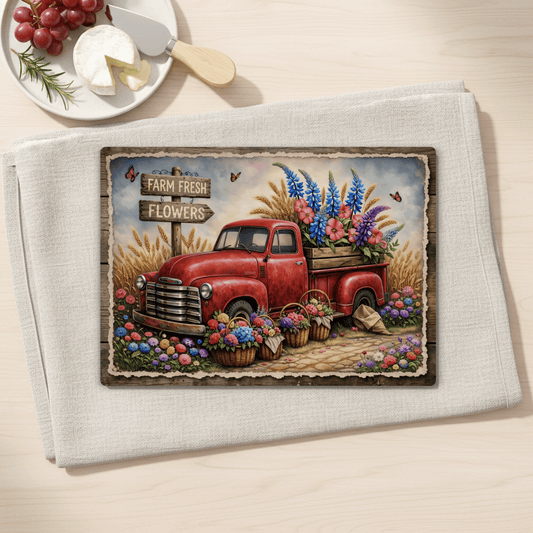 Farm Fresh Flowers Tempered Glass Cutting Board, 2 Sizes, Vintage Red Truck Kitchen Decor, Charcuterie Board, Serving Tray with Anti-Slip Feet
