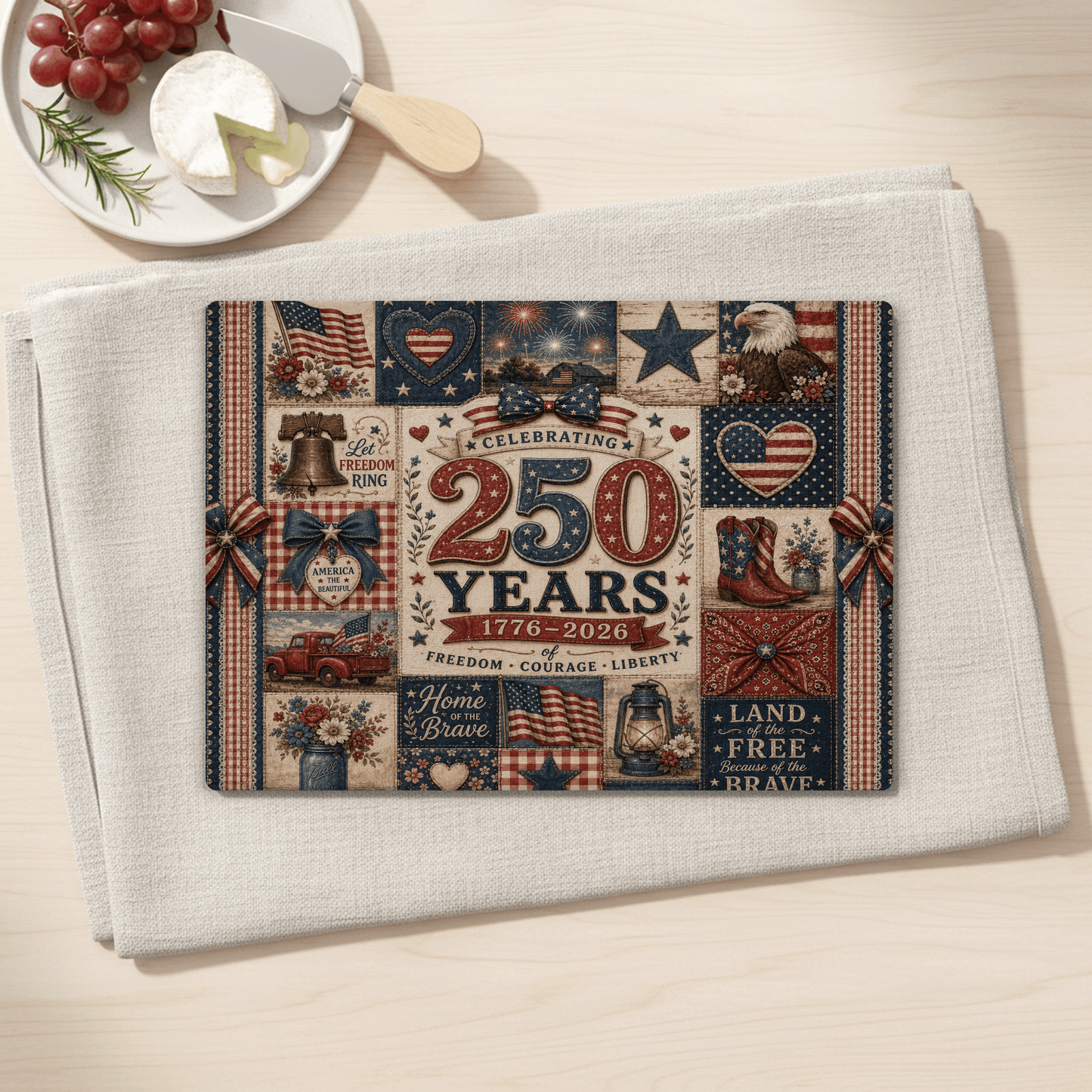 America 250th Anniversary Tempered Glass Cutting Board, Patriotic Quilt Design, Kitchen Decor, Serving Tray, 2 Sizes