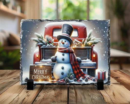Rustic Snowman & Red Truck 5.5” x 7.5” Natural Slate Display - Holiday Decor Essential