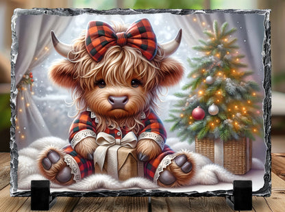Highland Cow Christmas Slate Photo Frame with Display Stands 5.5” x 7.5”