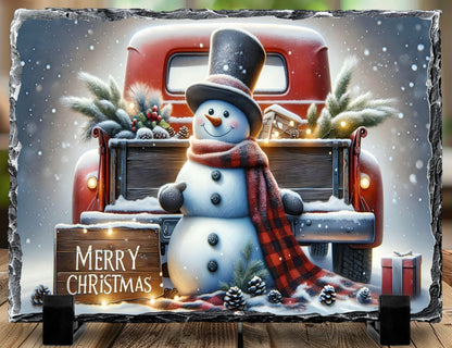 Rustic Snowman & Red Truck 5.5” x 7.5” Natural Slate Display - Holiday Decor Essential