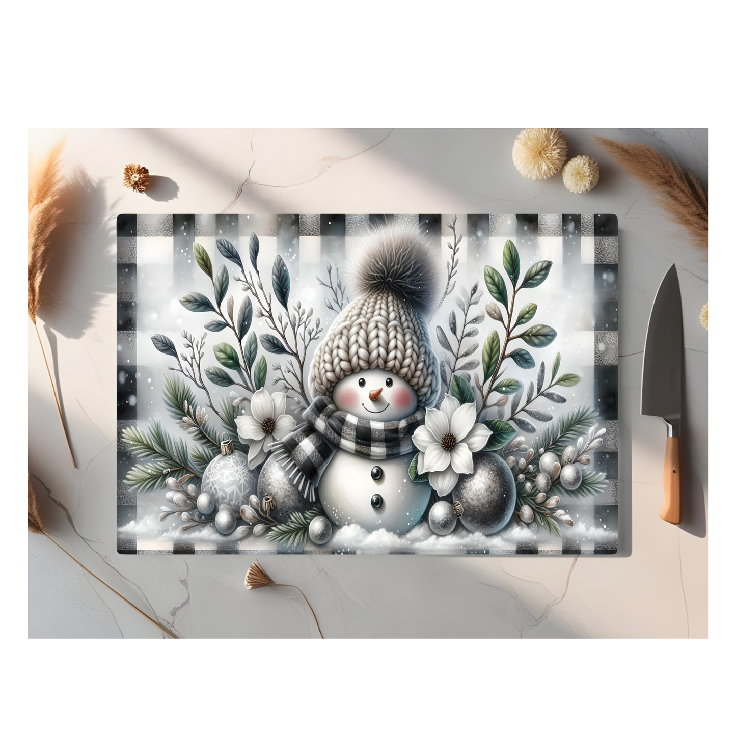 Snowman Plaid Tempered Glass Cutting Board 2 Sizes Available