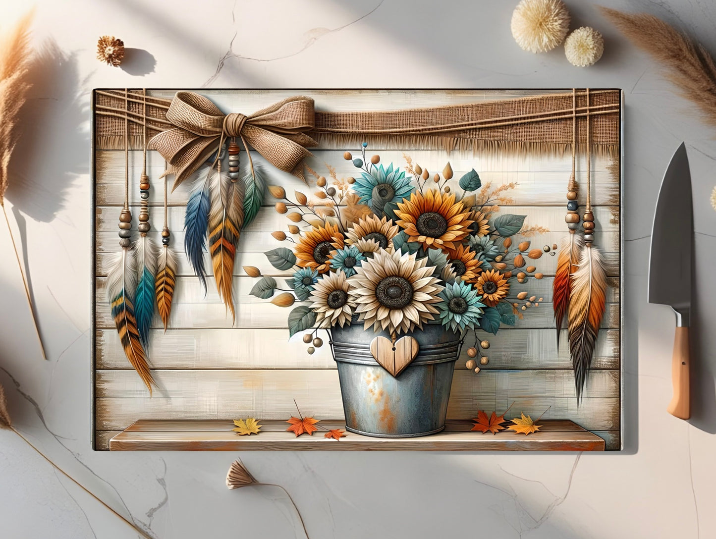 Rustic Boho Tempered Glass Cutting Board – Dual-Size Decorative Kitchen Tray