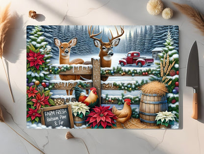 Christmas Farmhouse Tempered Glass Cutting Board, 2 Sizes Small (11” x 8”) and Large (15” x 11”), Hand Wash Only, Charcuterie Board