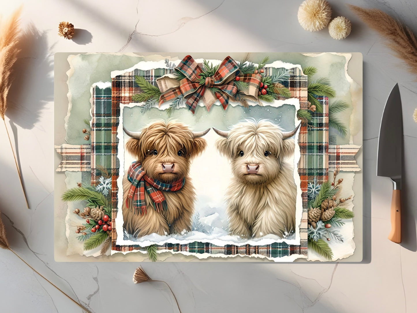 Christmas Highland Cows Tempered Glass Cutting Board, 2 Sizes Small (11” x 8”) and Large (15” x 11”), Hand Wash Only, Charcuterie Board
