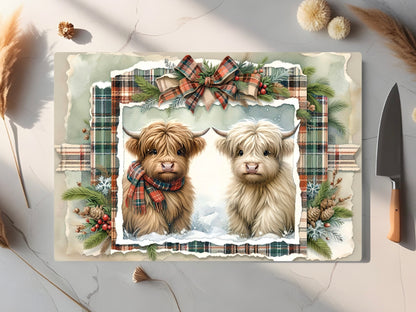 Christmas Highland Cows Tempered Glass Cutting Board, 2 Sizes Small (11” x 8”) and Large (15” x 11”), Hand Wash Only, Charcuterie Board