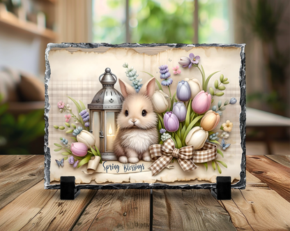 Spring Blessings Bunny with Tulips and Lantern Decorative Slate Rock Sign, 5.5" x 7.5", Natural Slate with Display Stands, Home Decor Gift