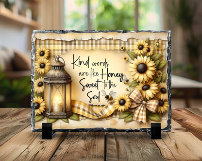 Decorative Slate Rock Sign with Sunflowers and Inspirational Quote, Kind Words Are Like Honey Sweet to the Soul, 5.5" x 7.5", Natural Slate with Display Stands