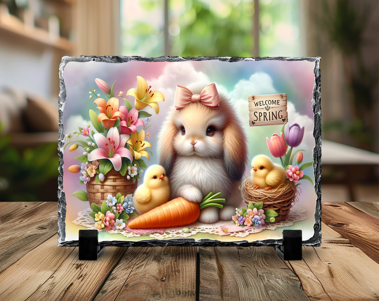 Spring Bunny with Flowers and Chicks Decorative Slate Rock Sign, 5.5" x 7.5", Natural Slate with Display Stands, Home Decor Gift