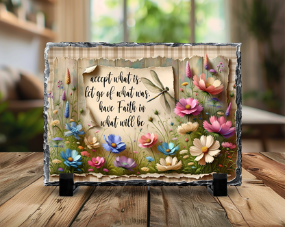 Inspirational Quote Slate Rock Sign with Dragonfly and Flowers, 5.5" x 7.5", Natural Slate with Display Stand, Home Decor