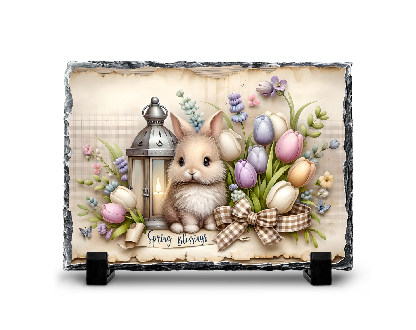 Spring Blessings Bunny with Tulips and Lantern Decorative Slate Rock Sign, 5.5" x 7.5", Natural Slate with Display Stands, Home Decor Gift