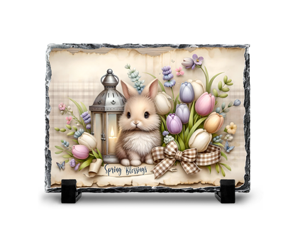 Spring Blessings Bunny with Tulips and Lantern Decorative Slate Rock Sign, 5.5" x 7.5", Natural Slate with Display Stands, Home Decor Gift