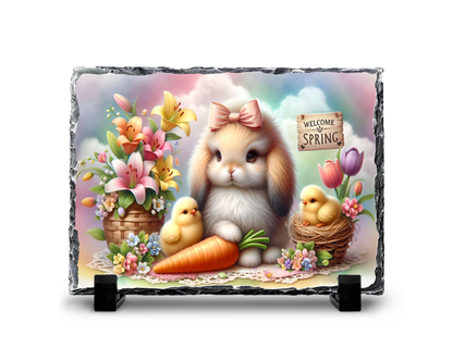 Spring Bunny with Flowers and Chicks Decorative Slate Rock Sign, 5.5" x 7.5", Natural Slate with Display Stands, Home Decor Gift