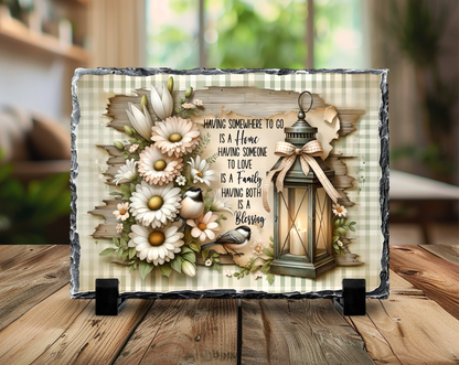 Decorative Slate Rock Sign with Display Stands, Home Blessing Quote with Lantern and Flowers Design, 5.5" x 7.5", Natural Slate