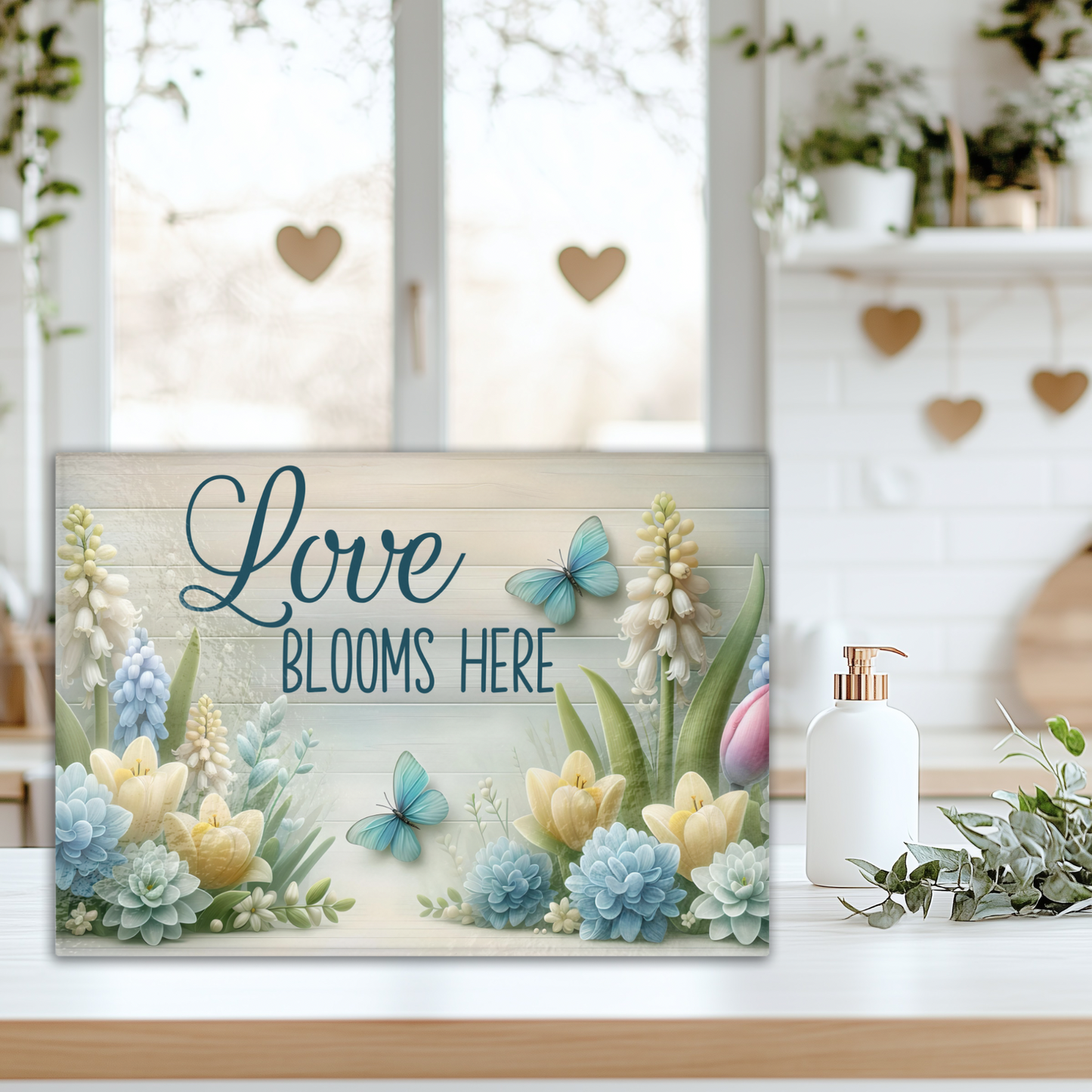 Love Blooms Here Tempered Glass Cutting Board, 2 Sizes, Kitchen Decor, Charcuterie Board