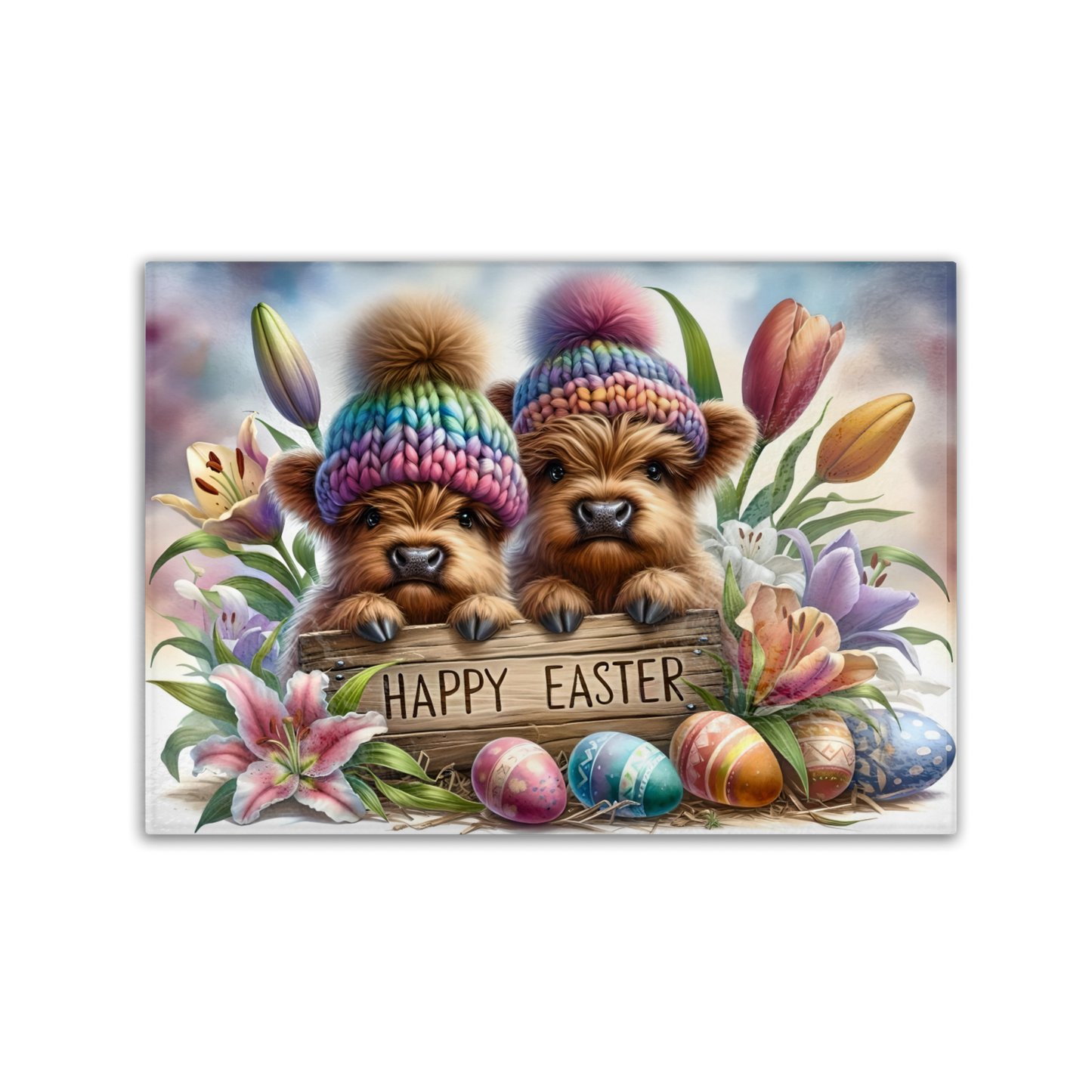 Happy Easter Highland Cow Tempered Glass Cutting Board Charcuterie