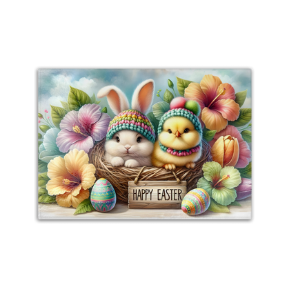Happy Easter Tempered Glass Cutting Board With Adorable Bunny And Chick Design